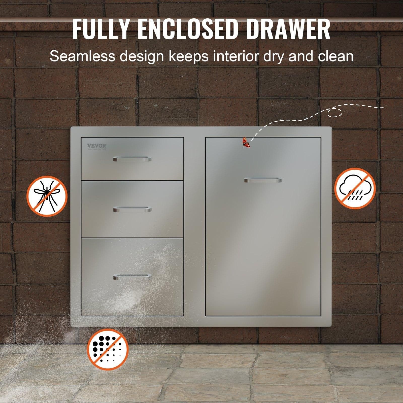 image-VEVOR Outdoor Kitchen Door Drawer Combo 29.5" W x 22.6" H x 21.7''D, Access Door/Triple Drawers with Propane Drawer and Adjustable Garbage Ring, Perfect for BBQ Island Patio Grill Station