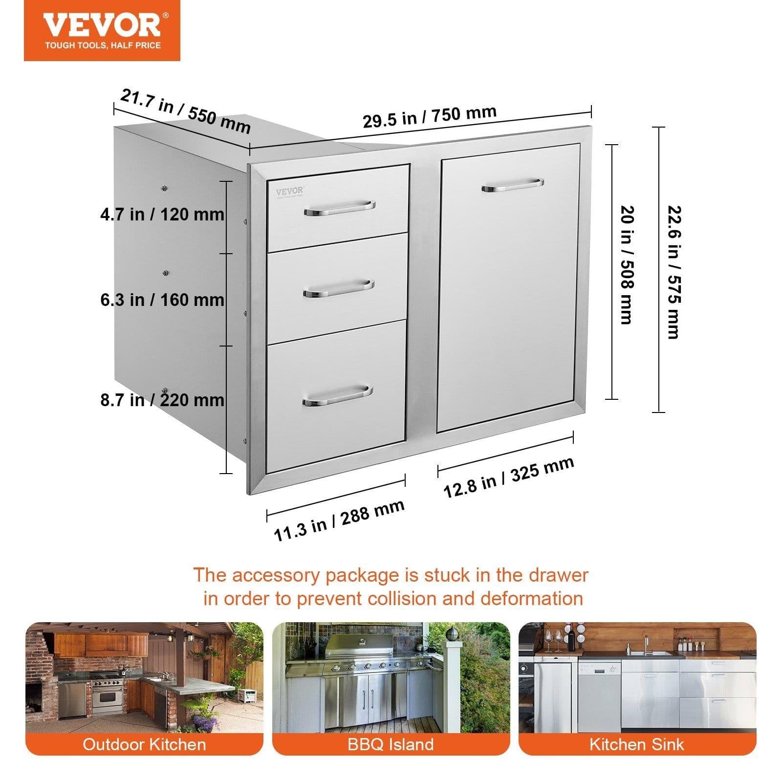 image-VEVOR Outdoor Kitchen Door Drawer Combo 29.5" W x 22.6" H x 21.7''D, Access Door/Triple Drawers with Propane Drawer and Adjustable Garbage Ring, Perfect for BBQ Island Patio Grill Station