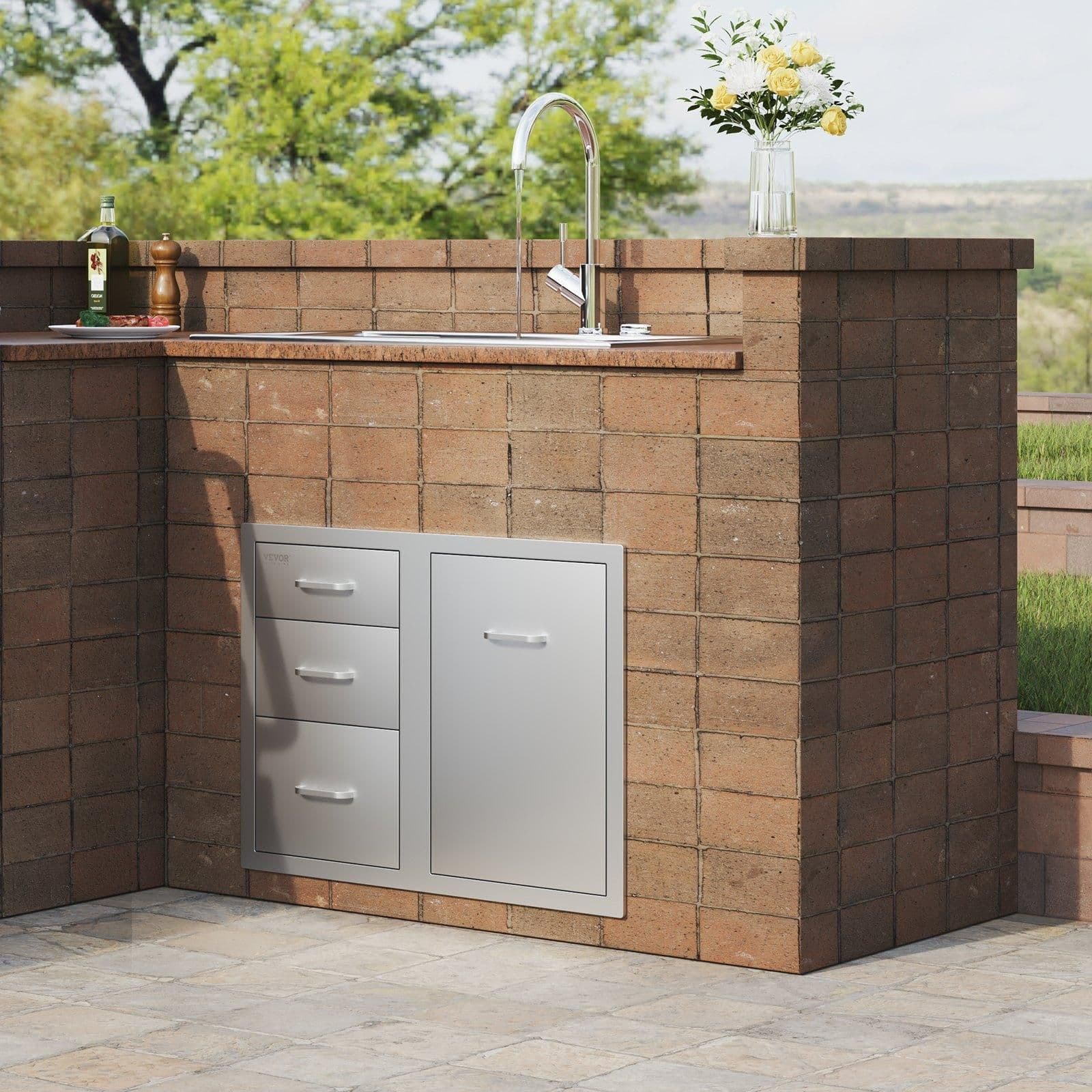image-VEVOR Outdoor Kitchen Door Drawer Combo 29.5" W x 22.6" H x 21.7''D, Access Door/Triple Drawers with Propane Drawer and Adjustable Garbage Ring, Perfect for BBQ Island Patio Grill Station