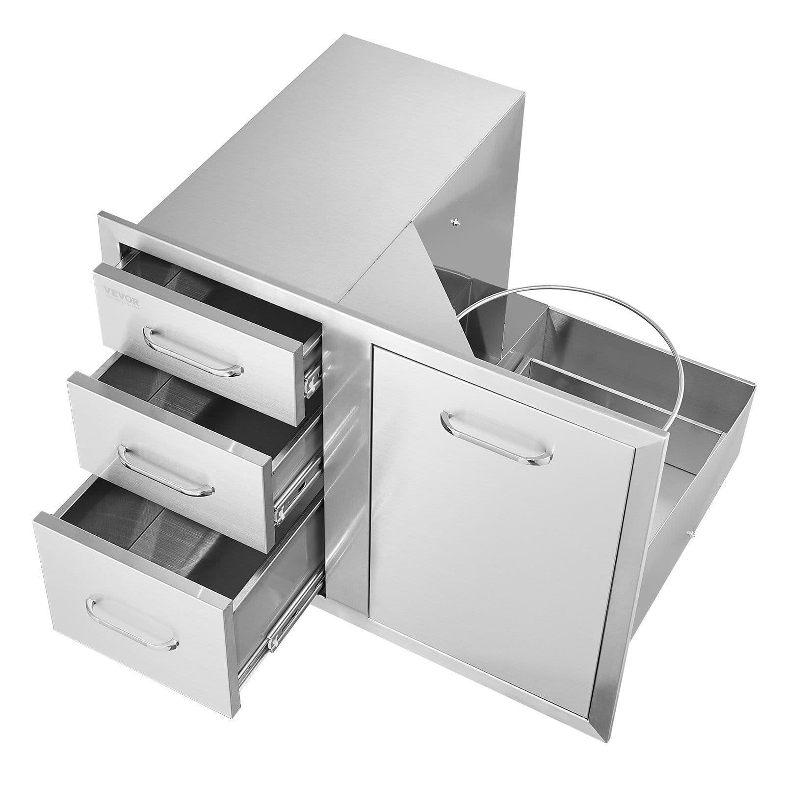 image-VEVOR Outdoor Kitchen Door Drawer Combo 29.5" W x 22.6" H x 21.7''D, Access Door/Triple Drawers with Propane Drawer and Adjustable Garbage Ring, Perfect for BBQ Island Patio Grill Station