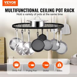 image-VEVOR Hanging Pot Rack, 32 inch Hanging Pot Rack Ceiling Mount, Ceiling Pot Rack with 12 S Hooks, 80 lbs Loading Weight, Ideal for Home, Restaurant, Kitchen Cookware, Utensils