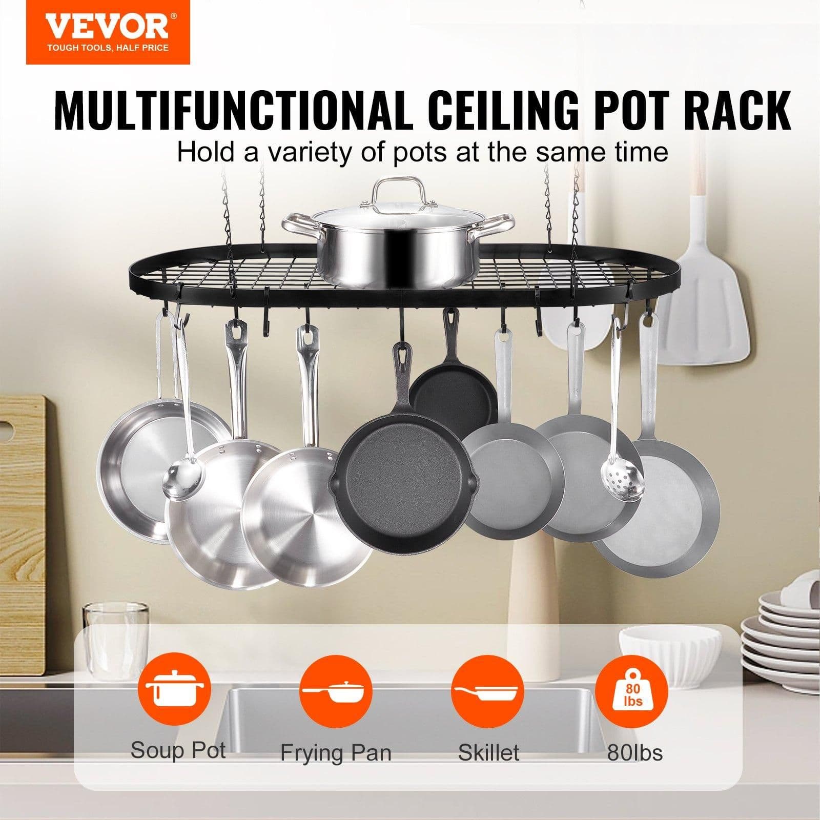image-VEVOR Hanging Pot Rack, 32 inch Hanging Pot Rack Ceiling Mount, Ceiling Pot Rack with 12 S Hooks, 80 lbs Loading Weight, Ideal for Home, Restaurant, Kitchen Cookware, Utensils
