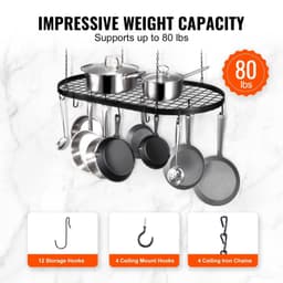 image-VEVOR Hanging Pot Rack, 32 inch Hanging Pot Rack Ceiling Mount, Ceiling Pot Rack with 12 S Hooks, 80 lbs Loading Weight, Ideal for Home, Restaurant, Kitchen Cookware, Utensils