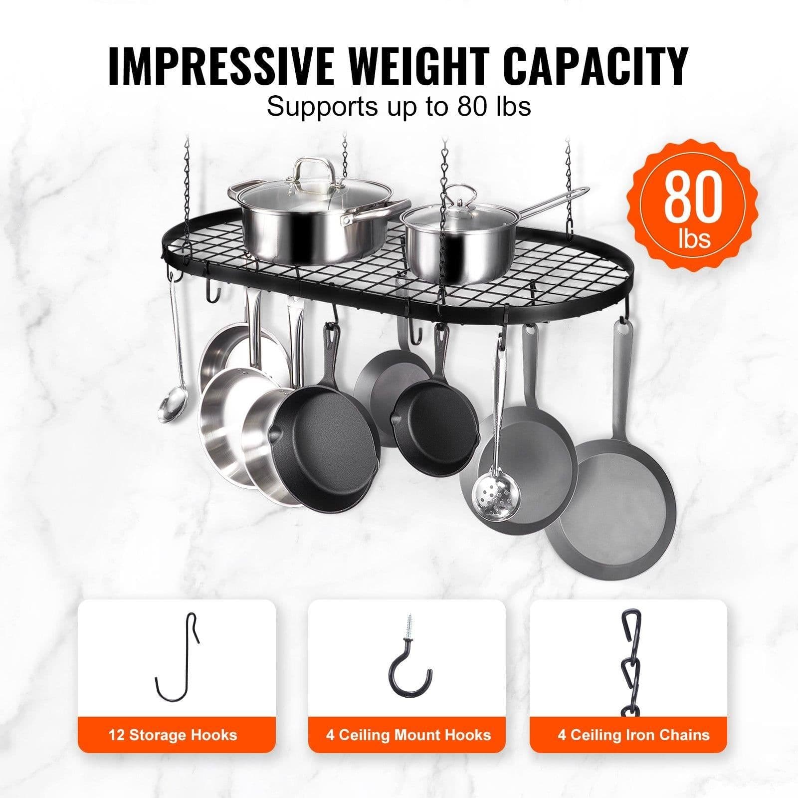 image-VEVOR Hanging Pot Rack, 32 inch Hanging Pot Rack Ceiling Mount, Ceiling Pot Rack with 12 S Hooks, 80 lbs Loading Weight, Ideal for Home, Restaurant, Kitchen Cookware, Utensils