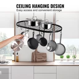 image-VEVOR Hanging Pot Rack, 32 inch Hanging Pot Rack Ceiling Mount, Ceiling Pot Rack with 12 S Hooks, 80 lbs Loading Weight, Ideal for Home, Restaurant, Kitchen Cookware, Utensils