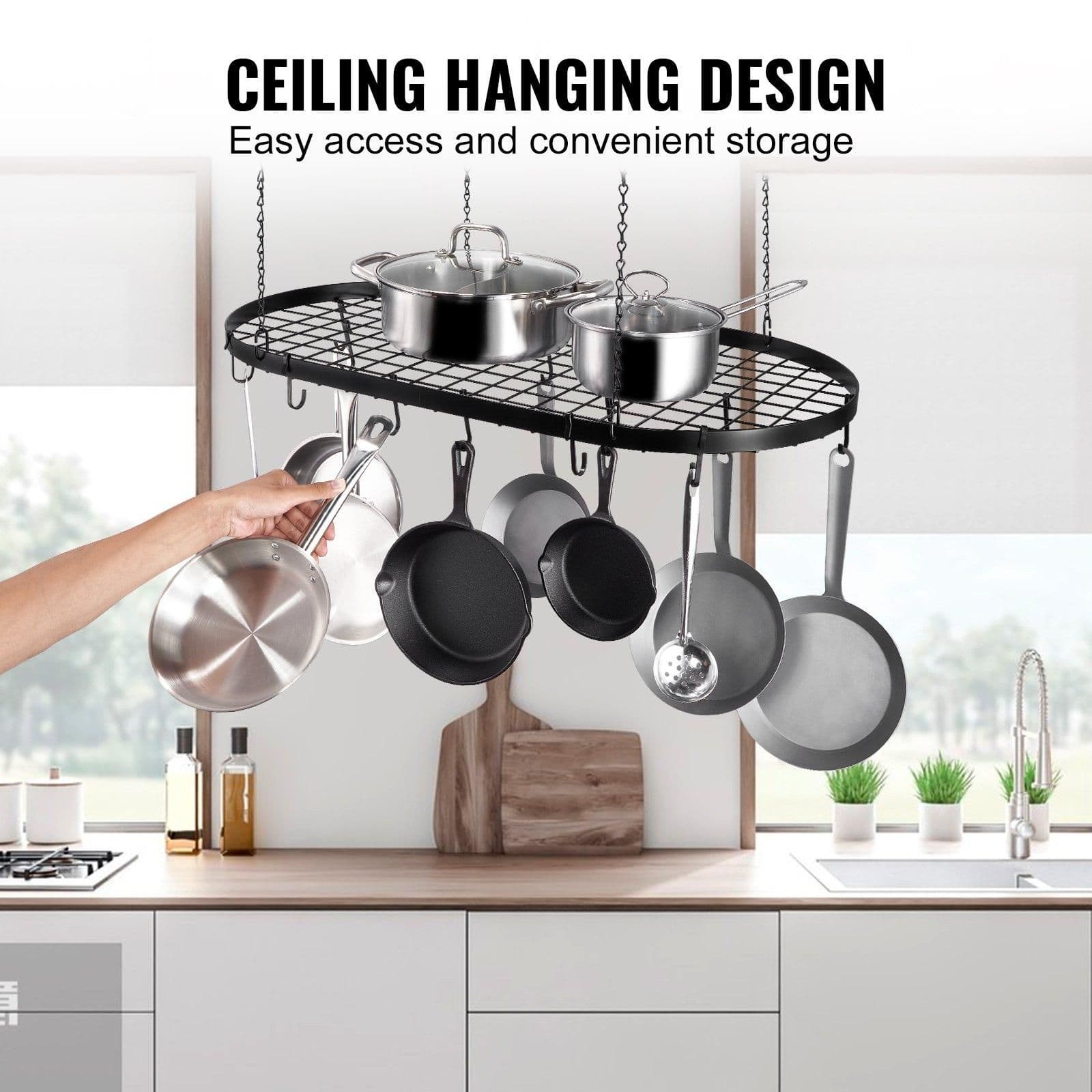 image-VEVOR Hanging Pot Rack, 32 inch Hanging Pot Rack Ceiling Mount, Ceiling Pot Rack with 12 S Hooks, 80 lbs Loading Weight, Ideal for Home, Restaurant, Kitchen Cookware, Utensils