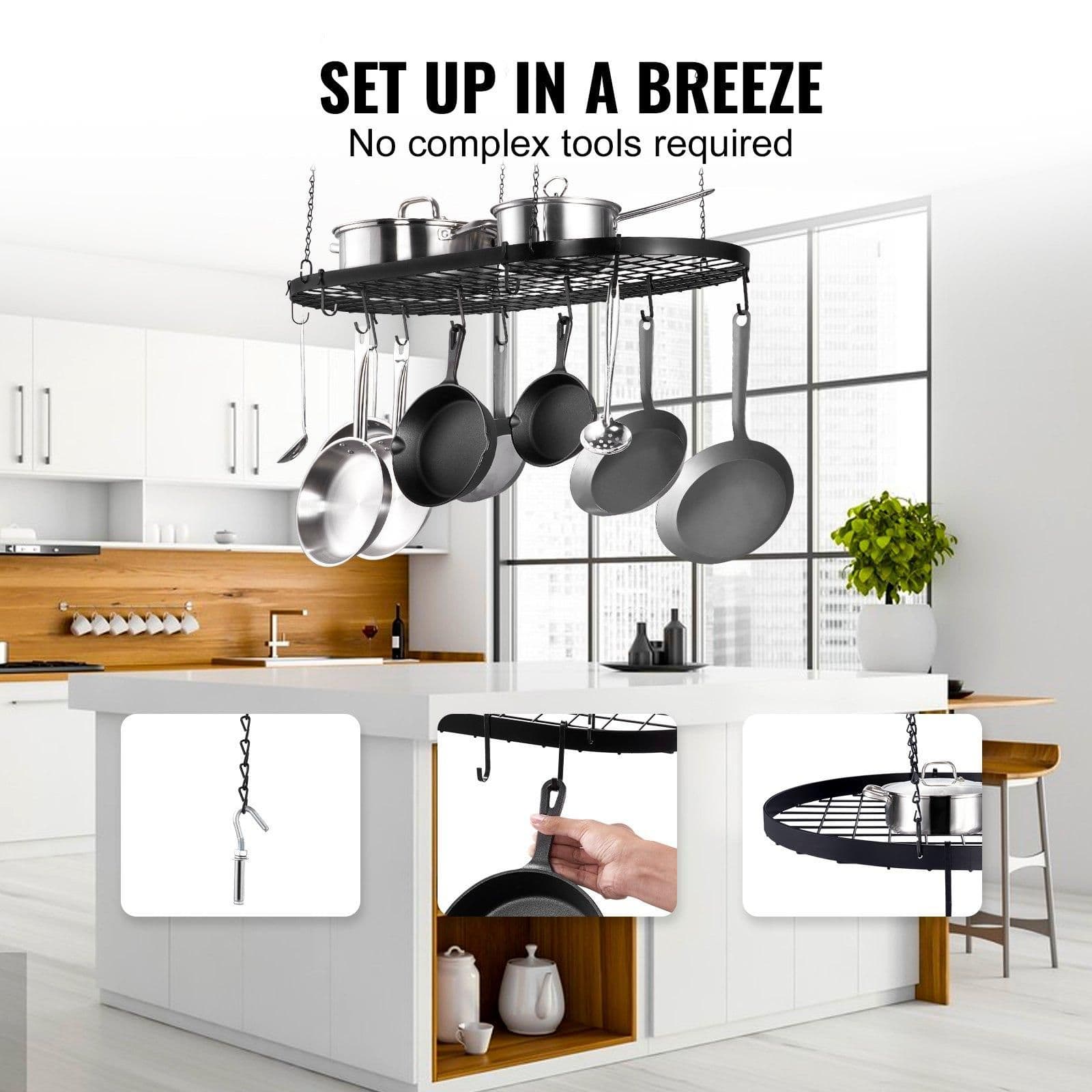 image-VEVOR Hanging Pot Rack, 32 inch Hanging Pot Rack Ceiling Mount, Ceiling Pot Rack with 12 S Hooks, 80 lbs Loading Weight, Ideal for Home, Restaurant, Kitchen Cookware, Utensils