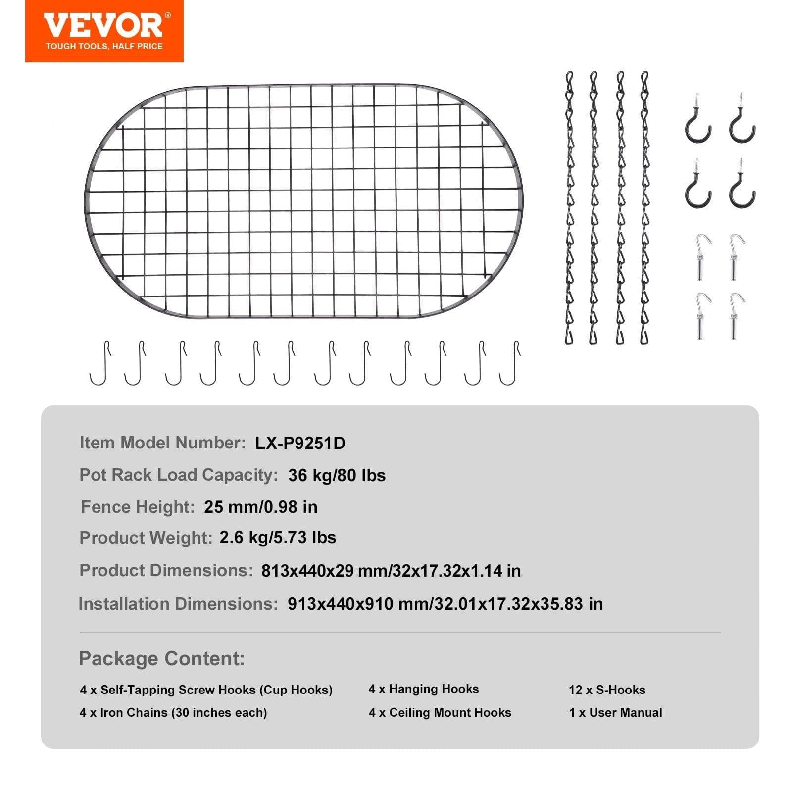 image-VEVOR Hanging Pot Rack, 32 inch Hanging Pot Rack Ceiling Mount, Ceiling Pot Rack with 12 S Hooks, 80 lbs Loading Weight, Ideal for Home, Restaurant, Kitchen Cookware, Utensils