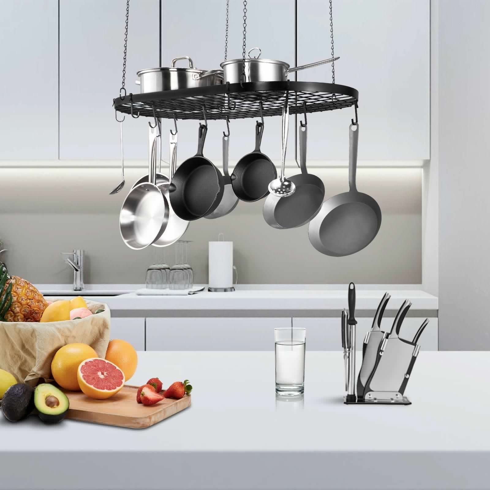 image-VEVOR Hanging Pot Rack, 32 inch Hanging Pot Rack Ceiling Mount, Ceiling Pot Rack with 12 S Hooks, 80 lbs Loading Weight, Ideal for Home, Restaurant, Kitchen Cookware, Utensils