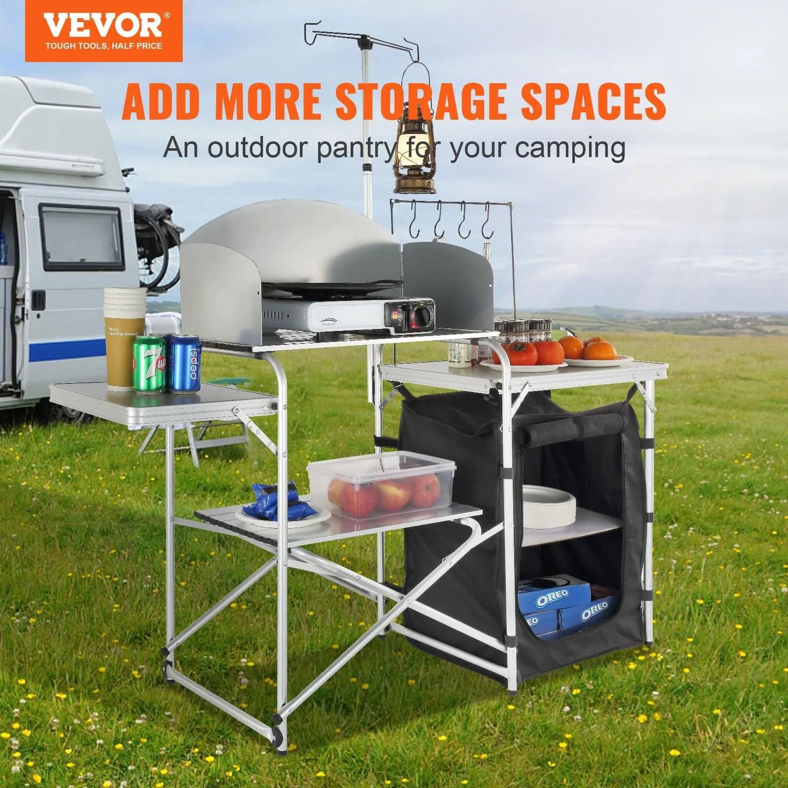 image-VEVOR Camping Kitchen Table, Folding Outdoor Cooking Table with Storage Carrying Bag, Aluminum Cook Station 1 Cupboard & Detachable Windscreen, Quick Set-up for Picnics, BBQ, RV Traveling, Black