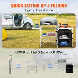 image-VEVOR Camping Kitchen Table, Folding Outdoor Cooking Table with Storage Carrying Bag, Aluminum Cook Station 1 Cupboard & Detachable Windscreen, Quick Set-up for Picnics, BBQ, RV Traveling, Black