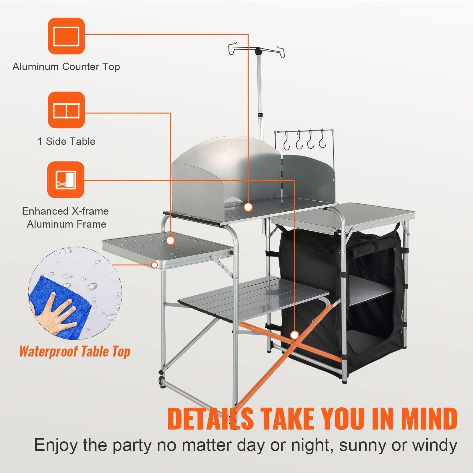 image-VEVOR Camping Kitchen Table, Folding Outdoor Cooking Table with Storage Carrying Bag, Aluminum Cook Station 1 Cupboard & Detachable Windscreen, Quick Set-up for Picnics, BBQ, RV Traveling, Black