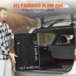 image-VEVOR Camping Kitchen Table, Folding Outdoor Cooking Table with Storage Carrying Bag, Aluminum Cook Station 1 Cupboard & Detachable Windscreen, Quick Set-up for Picnics, BBQ, RV Traveling, Black