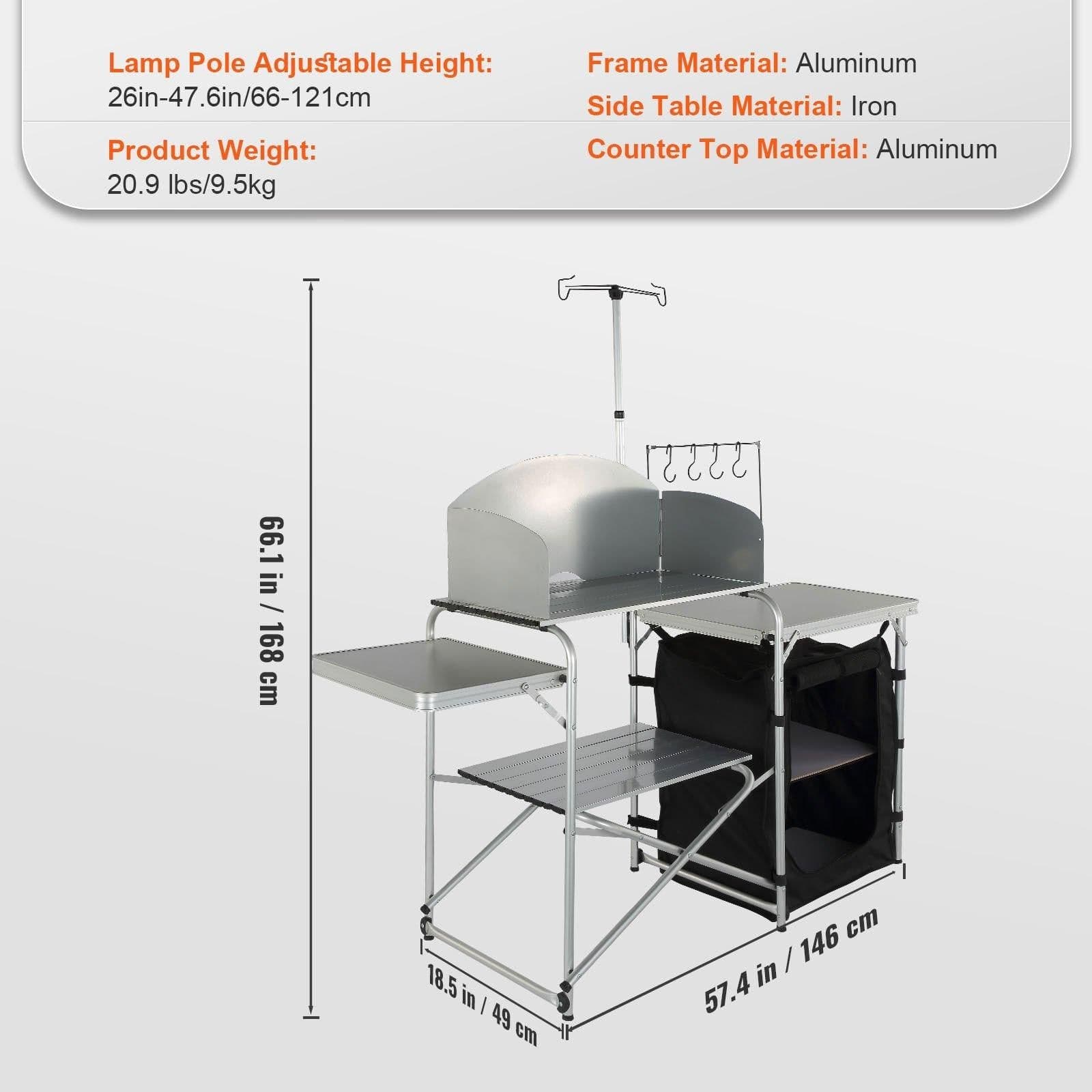 image-VEVOR Camping Kitchen Table, Folding Outdoor Cooking Table with Storage Carrying Bag, Aluminum Cook Station 1 Cupboard & Detachable Windscreen, Quick Set-up for Picnics, BBQ, RV Traveling, Black