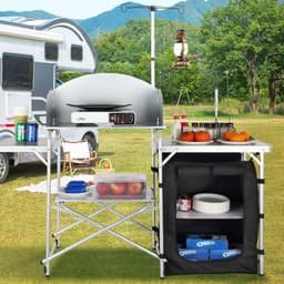 image-VEVOR Camping Kitchen Table, Folding Outdoor Cooking Table with Storage Carrying Bag, Aluminum Cook Station 1 Cupboard & Detachable Windscreen, Quick Set-up for Picnics, BBQ, RV Traveling, Black