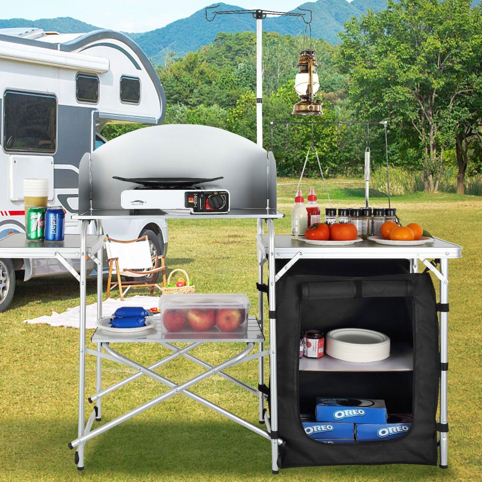 image-VEVOR Camping Kitchen Table, Folding Outdoor Cooking Table with Storage Carrying Bag, Aluminum Cook Station 1 Cupboard & Detachable Windscreen, Quick Set-up for Picnics, BBQ, RV Traveling, Black
