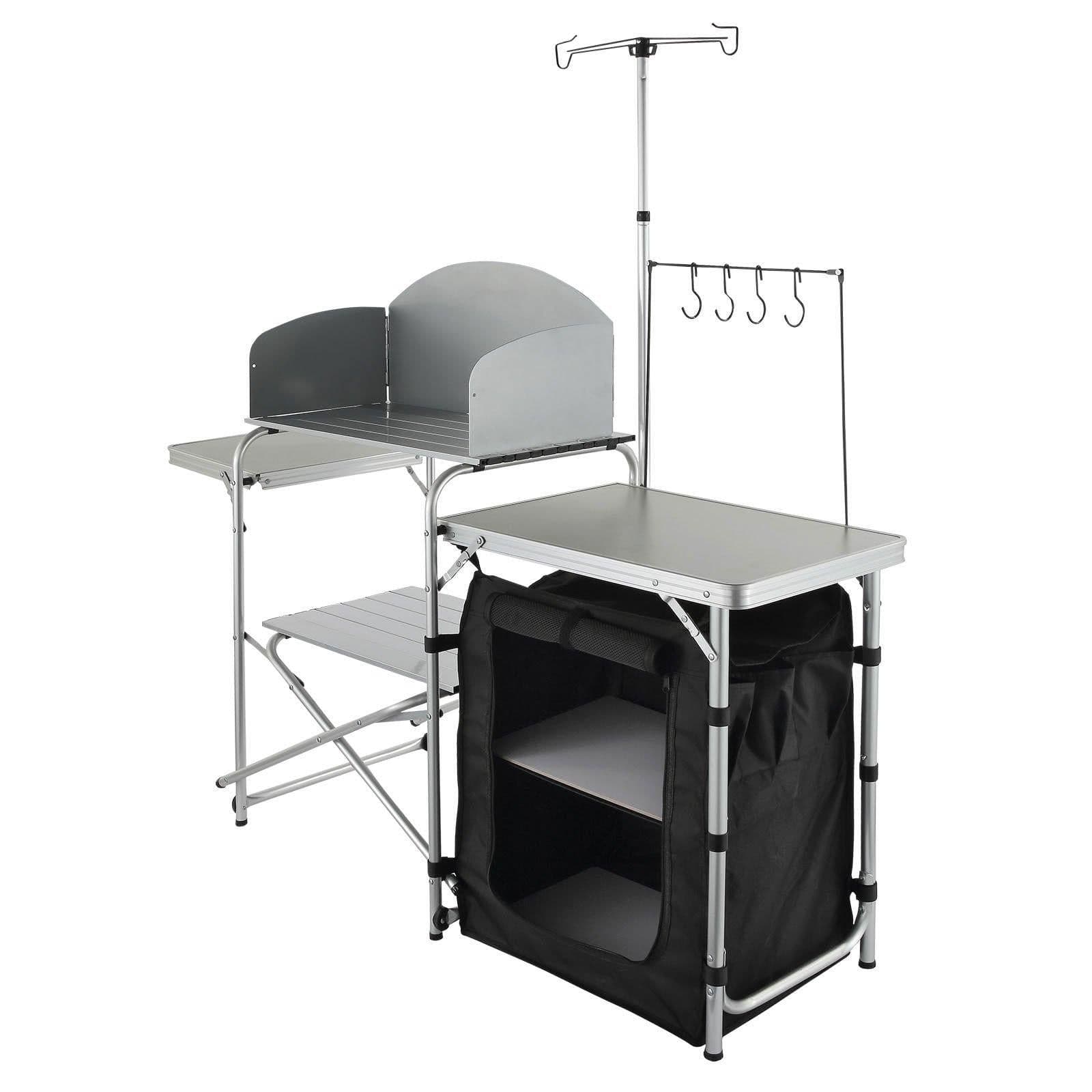image-VEVOR Camping Kitchen Table, Folding Outdoor Cooking Table with Storage Carrying Bag, Aluminum Cook Station 1 Cupboard & Detachable Windscreen, Quick Set-up for Picnics, BBQ, RV Traveling, Black