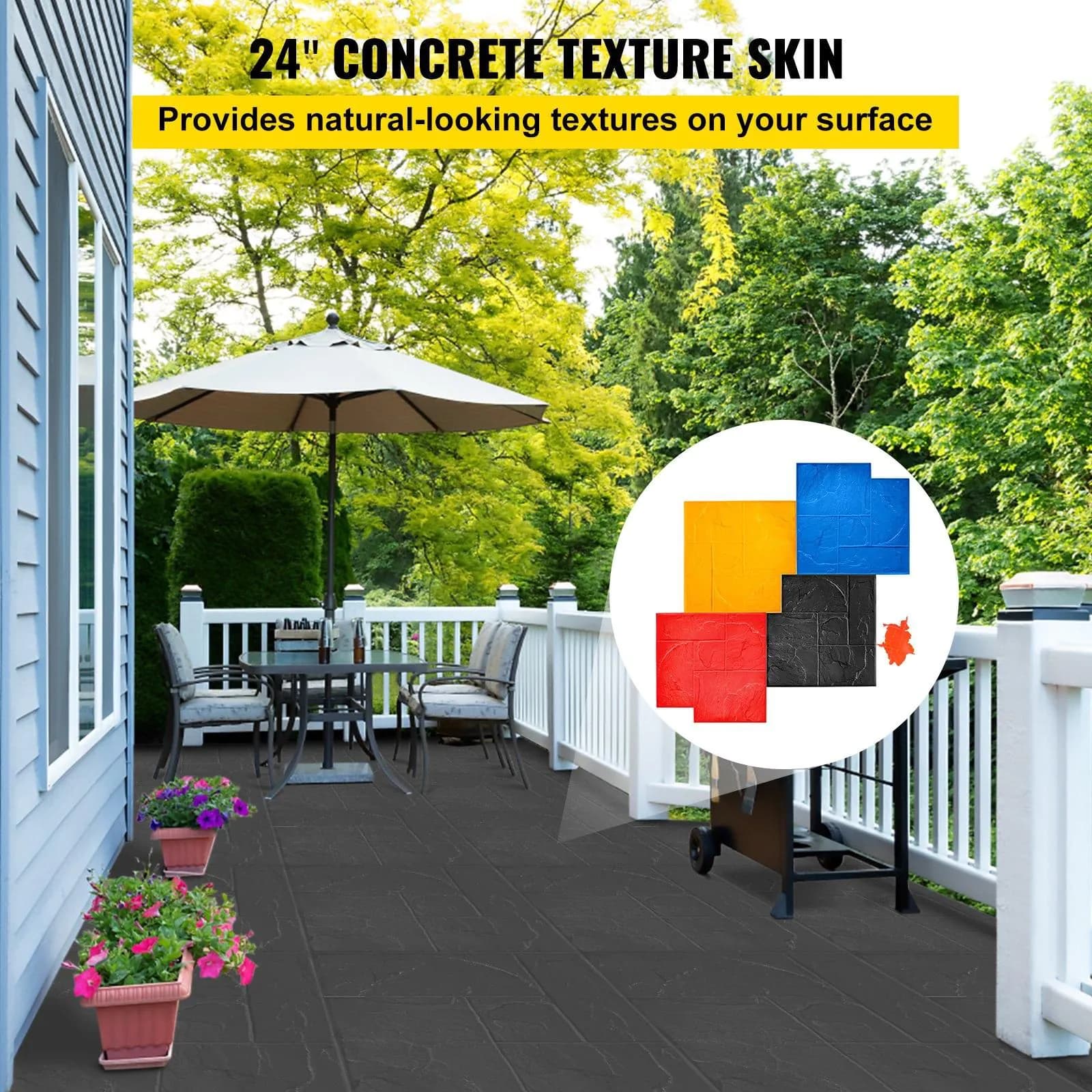 image-VEVOR Concrete Texturing Skin, 24"x24" Concrete Stamps Mats Set, Polyurethane Concrete Stamping Mats, Slate Concrete Stamps, 4 PCS Realistic Concrete Texture Mat, Concrete Stamps for Walls/Floors