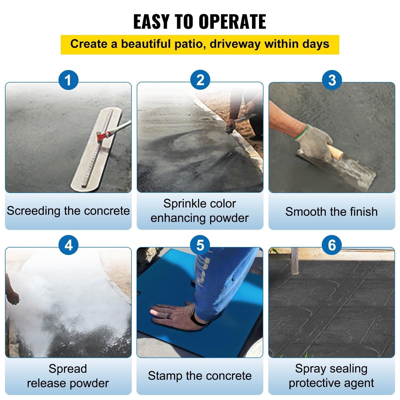 image-VEVOR Concrete Texturing Skin, 24"x24" Concrete Stamps Mats Set, Polyurethane Concrete Stamping Mats, Slate Concrete Stamps, 4 PCS Realistic Concrete Texture Mat, Concrete Stamps for Walls/Floors
