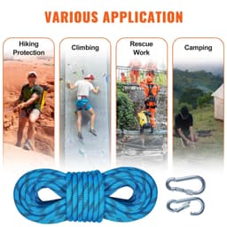 image-VEVOR 10.5 mm Static Climbing Rope, 9.7M(32ft) Outdoor Rock Climbing Rope 25KN Breaking Tension, Fiber Rope with Steel Snap Hooks for Escape, Rappelling, Fire Rescue, Blue