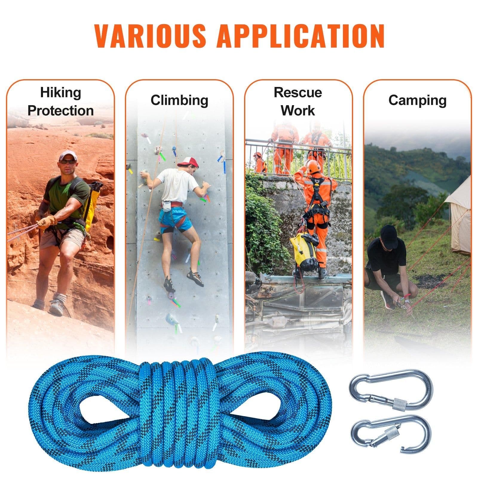 image-VEVOR 10.5 mm Static Climbing Rope, 9.7M(32ft) Outdoor Rock Climbing Rope 25KN Breaking Tension, Fiber Rope with Steel Snap Hooks for Escape, Rappelling, Fire Rescue, Blue