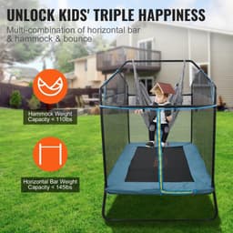 image-VEVOR 6FT Trampoline for Kids, 72" Indoor/Outdoor Toddlers Trampoline, Mini Baby Trampoline with Safety Enclosure Net, Gymnastics Bar, Hammock, Recreational Trampoline Birthday Gift for 3+ Years Kids