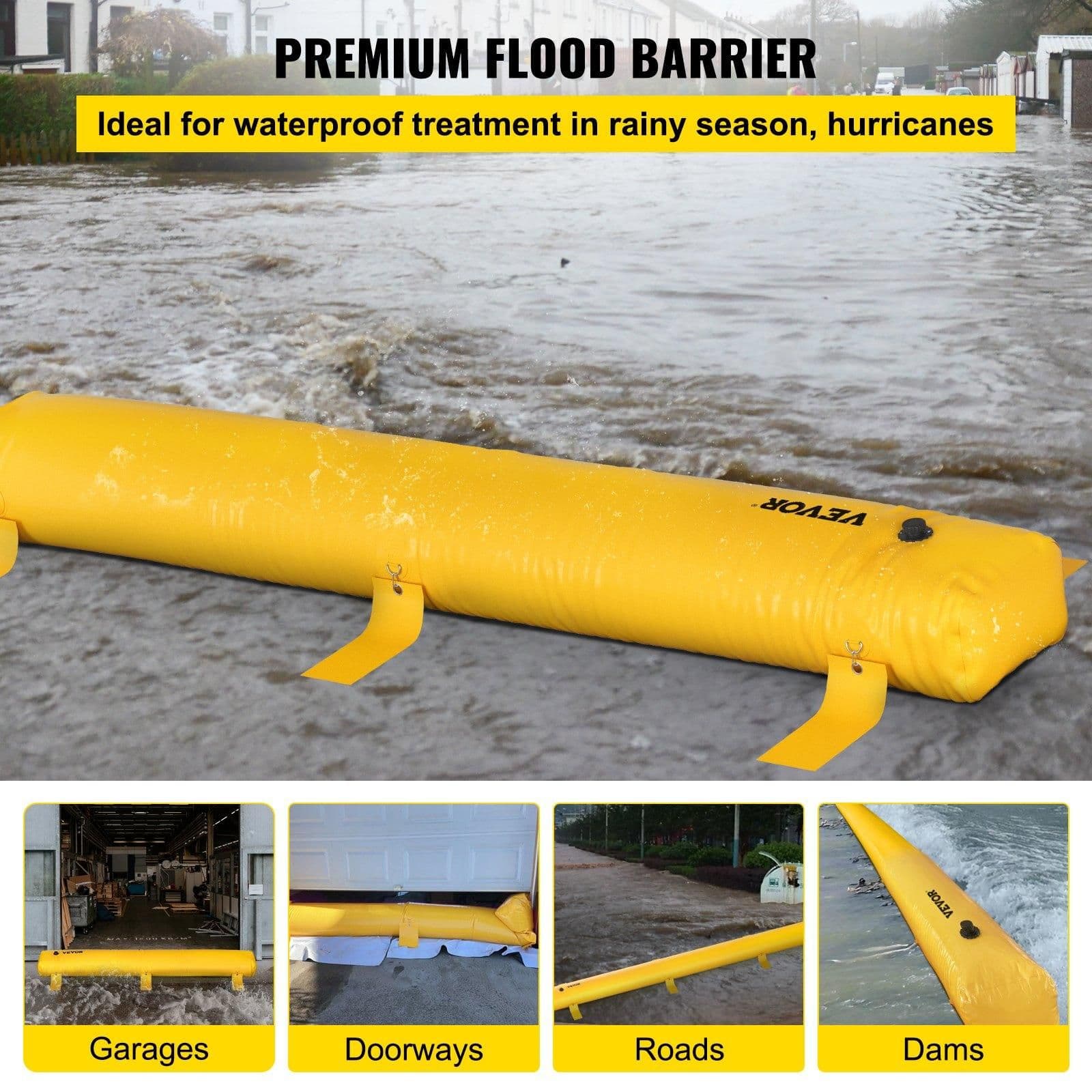 image-VEVOR Flood Bag, 24 ft Length x 12 in Height, Reusable PVC Water Diversion Tubes, Lightweight with Excellent Waterproof Effect Used for Doorways, Garages, Yellow