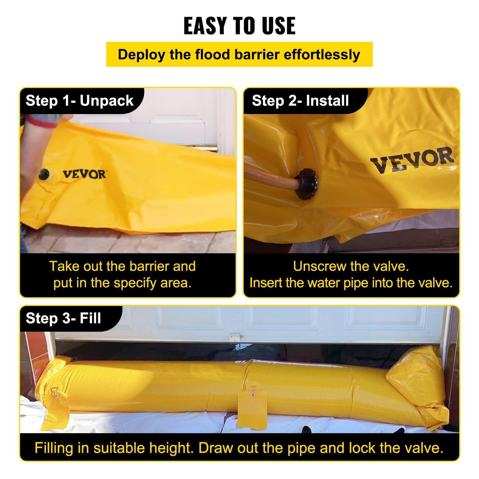 image-VEVOR Flood Bag, 24 ft Length x 12 in Height, Reusable PVC Water Diversion Tubes, Lightweight with Excellent Waterproof Effect Used for Doorways, Garages, Yellow