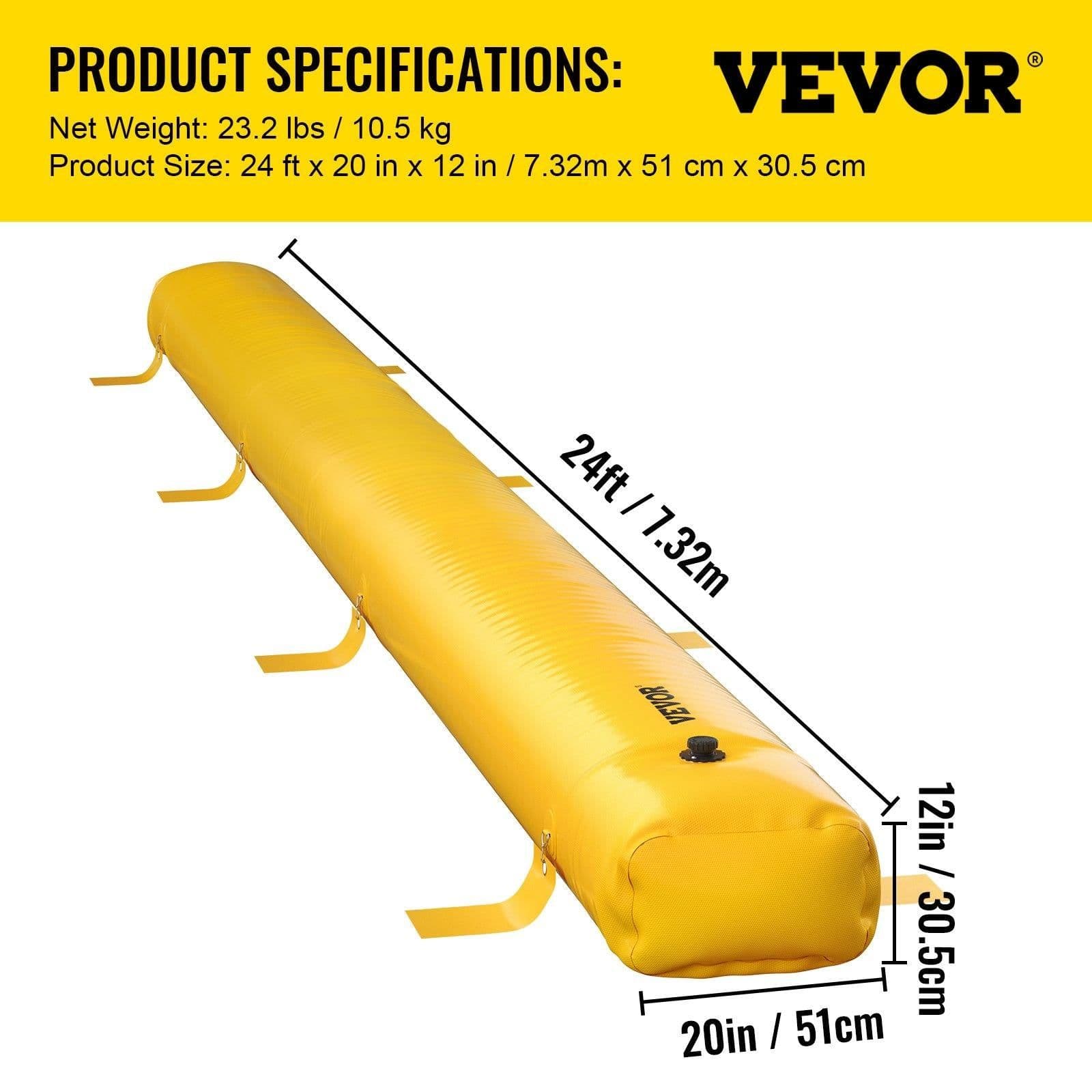 image-VEVOR Flood Bag, 24 ft Length x 12 in Height, Reusable PVC Water Diversion Tubes, Lightweight with Excellent Waterproof Effect Used for Doorways, Garages, Yellow