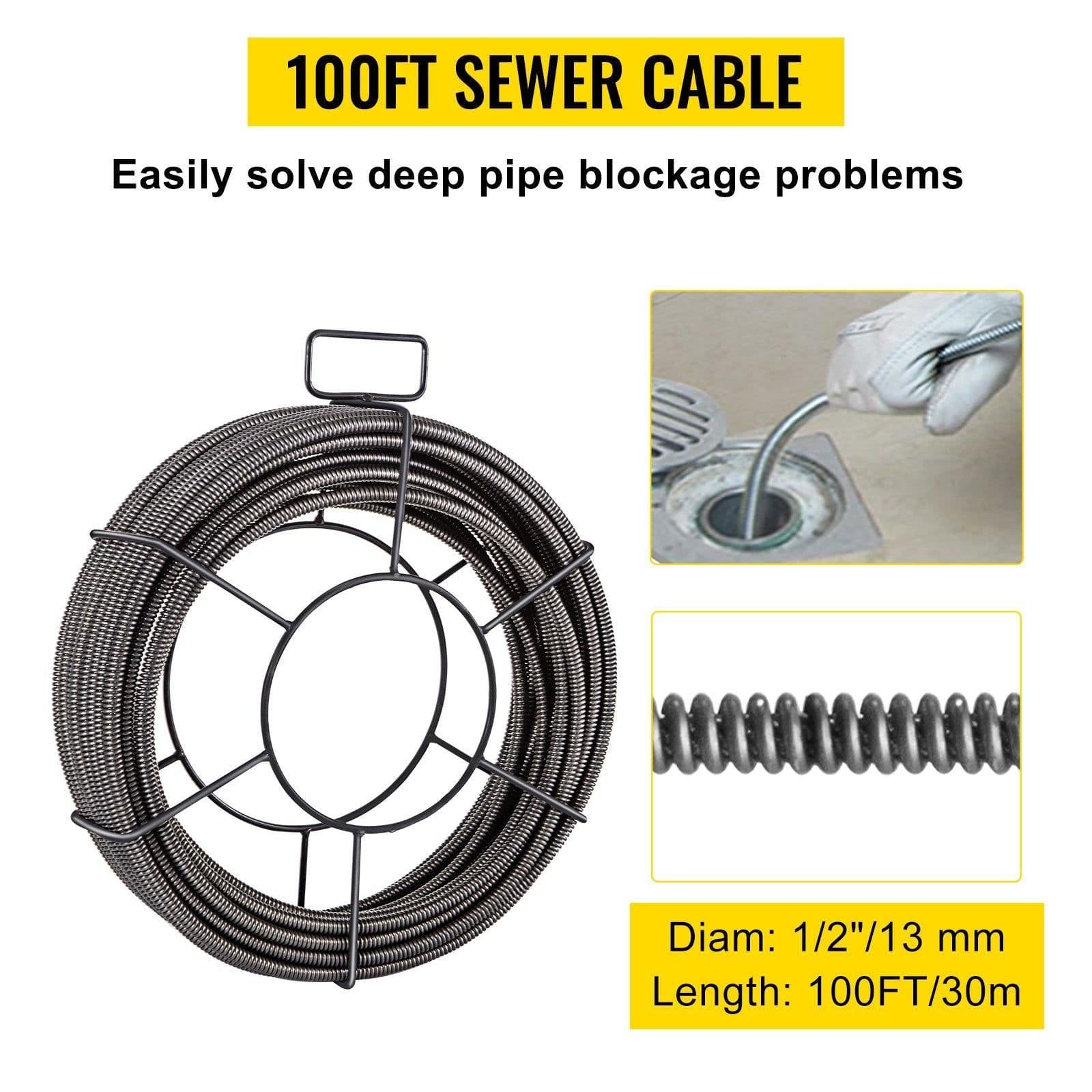 image-VEVOR Drain Cleaning Cable 100 Feet x 1/2 Inch Solid Core Cable Sewer Cable Drain Auger Cable Cleaner Snake Clog Pipe Drain Cleaning Cable Sewer Drain Auger Snake Pipe