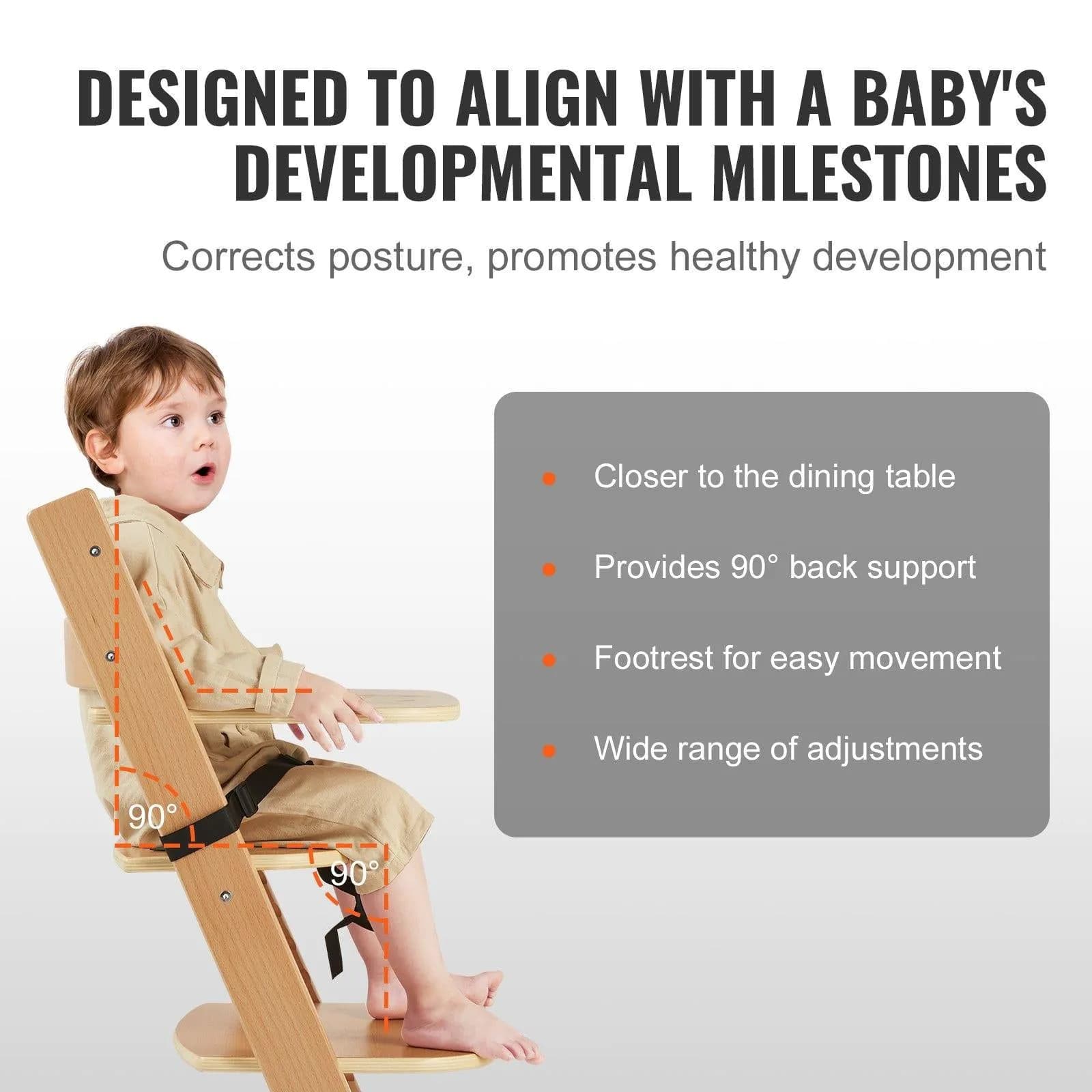 image-VEVOR Wooden High Chair for Babies & Toddlers, Convertible Adjustable Feeding Chair, Eat & Grow High Chair with Tray, Grow with Kid Portable Baby Dining Booster Seat, Beech Wood Toddler Chair, Natural