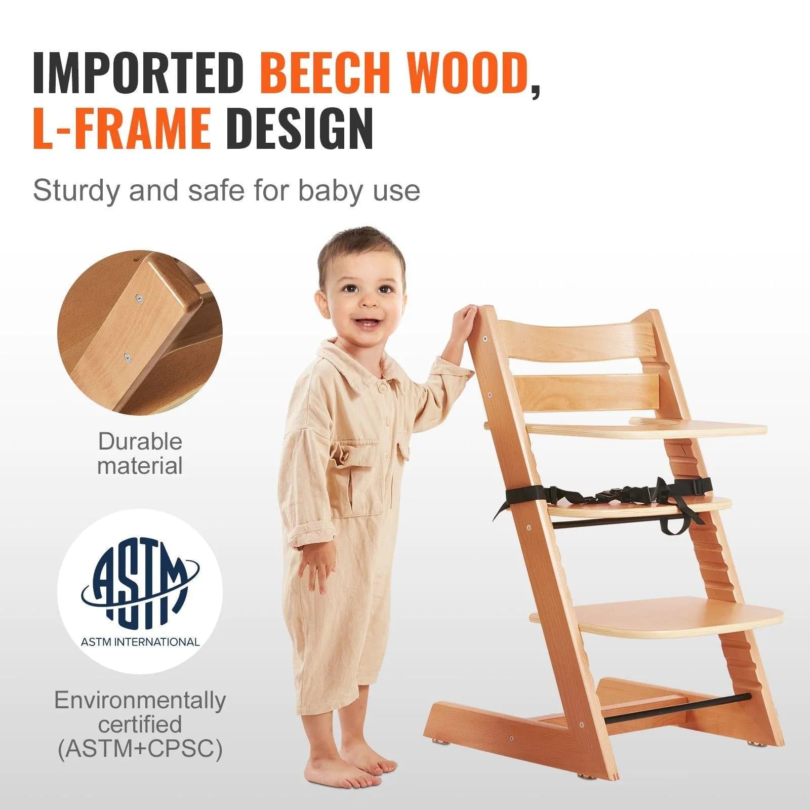 image-VEVOR Wooden High Chair for Babies & Toddlers, Convertible Adjustable Feeding Chair, Eat & Grow High Chair with Tray, Grow with Kid Portable Baby Dining Booster Seat, Beech Wood Toddler Chair, Natural