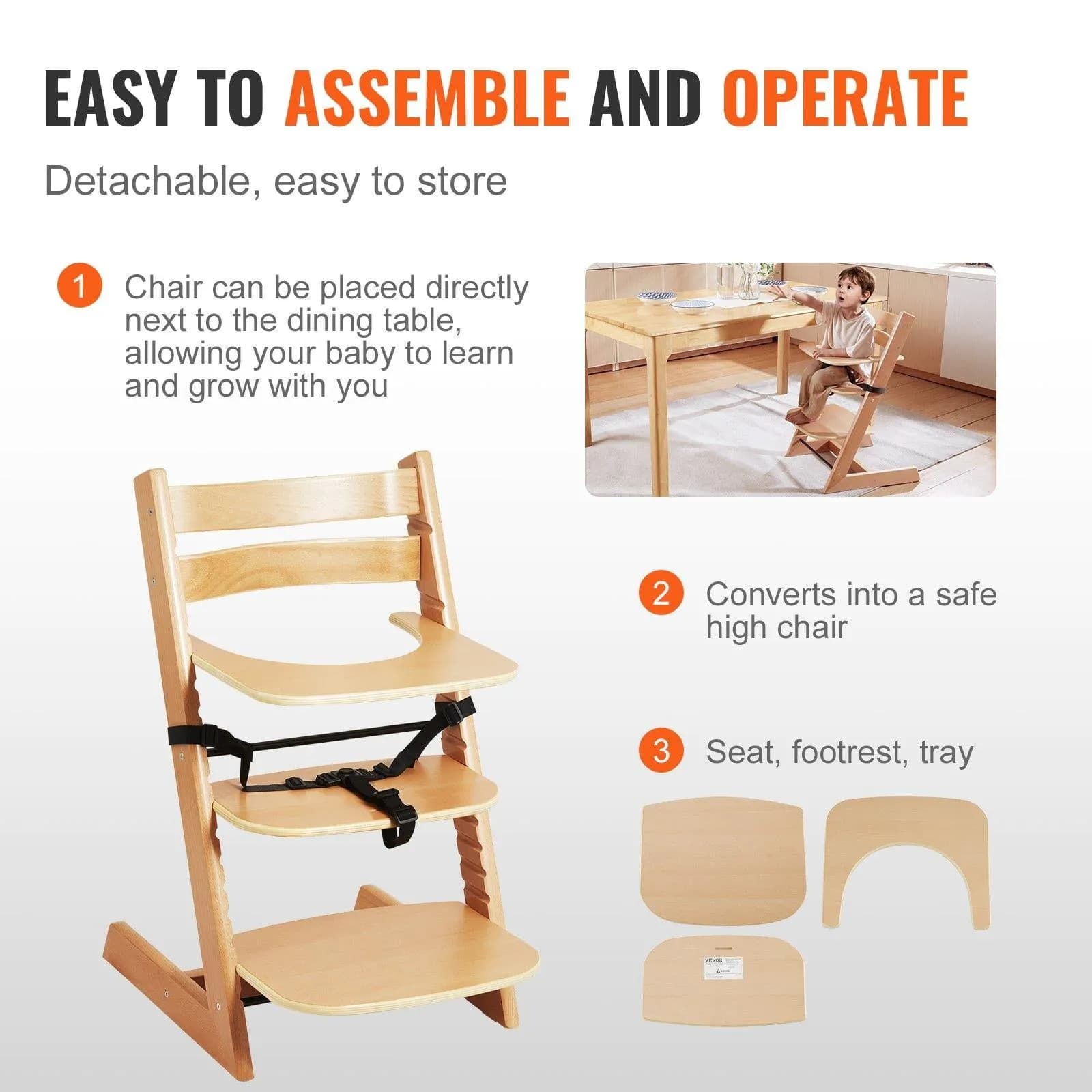image-VEVOR Wooden High Chair for Babies & Toddlers, Convertible Adjustable Feeding Chair, Eat & Grow High Chair with Tray, Grow with Kid Portable Baby Dining Booster Seat, Beech Wood Toddler Chair, Natural