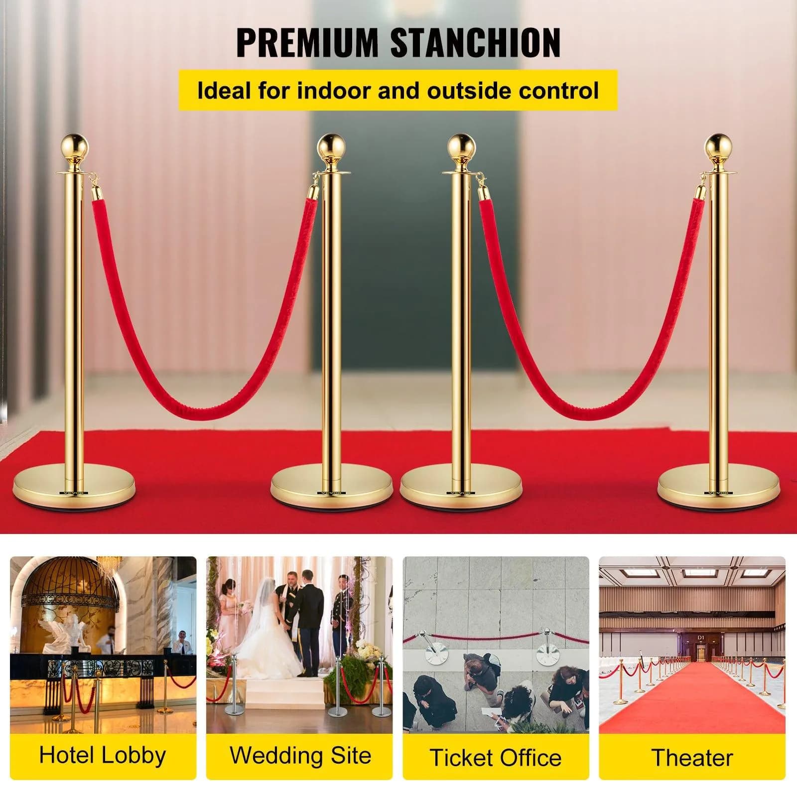 image-VEVOR Crowd Control Stanchion, Set of 4 Pieces Stanchion Set, Stanchion Set with 5 ft/1.5 m Red Velvet Rope, Crowd Control Barrier
