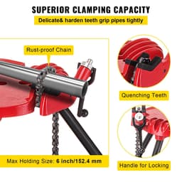 image-VEVOR 460-6 Tripod Pipe Chain Vise 1/8"-6" Capacity,Pipe Stand Portable Foldable Steel Legs,Pipe Jack Stands with Tool Tray, Tripod Stand Chain Vise Ideal for a Variety of Pipe Materials
