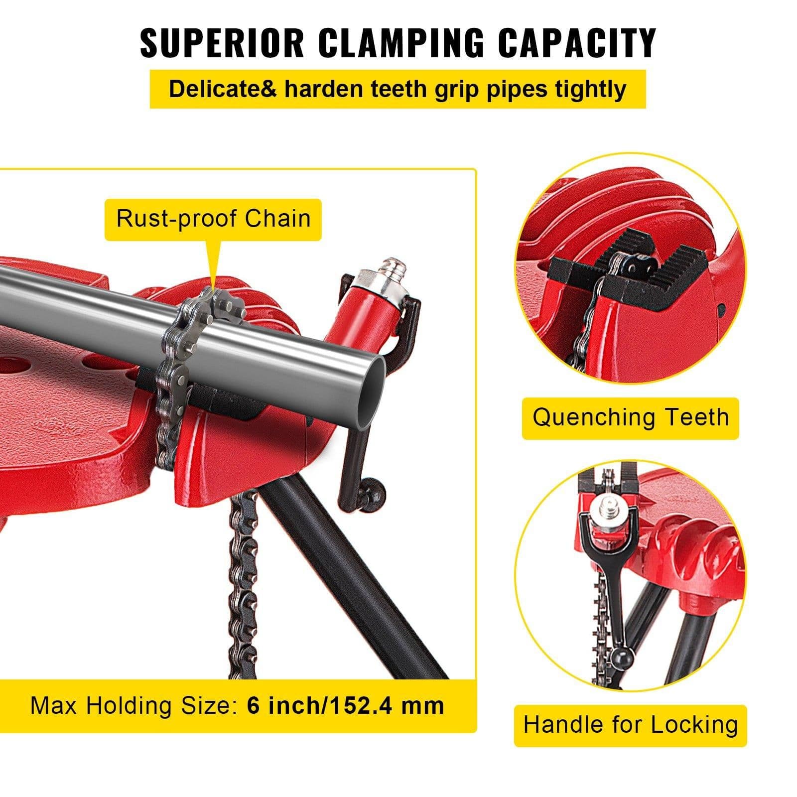 image-VEVOR 460-6 Tripod Pipe Chain Vise 1/8"-6" Capacity,Pipe Stand Portable Foldable Steel Legs,Pipe Jack Stands with Tool Tray, Tripod Stand Chain Vise Ideal for a Variety of Pipe Materials