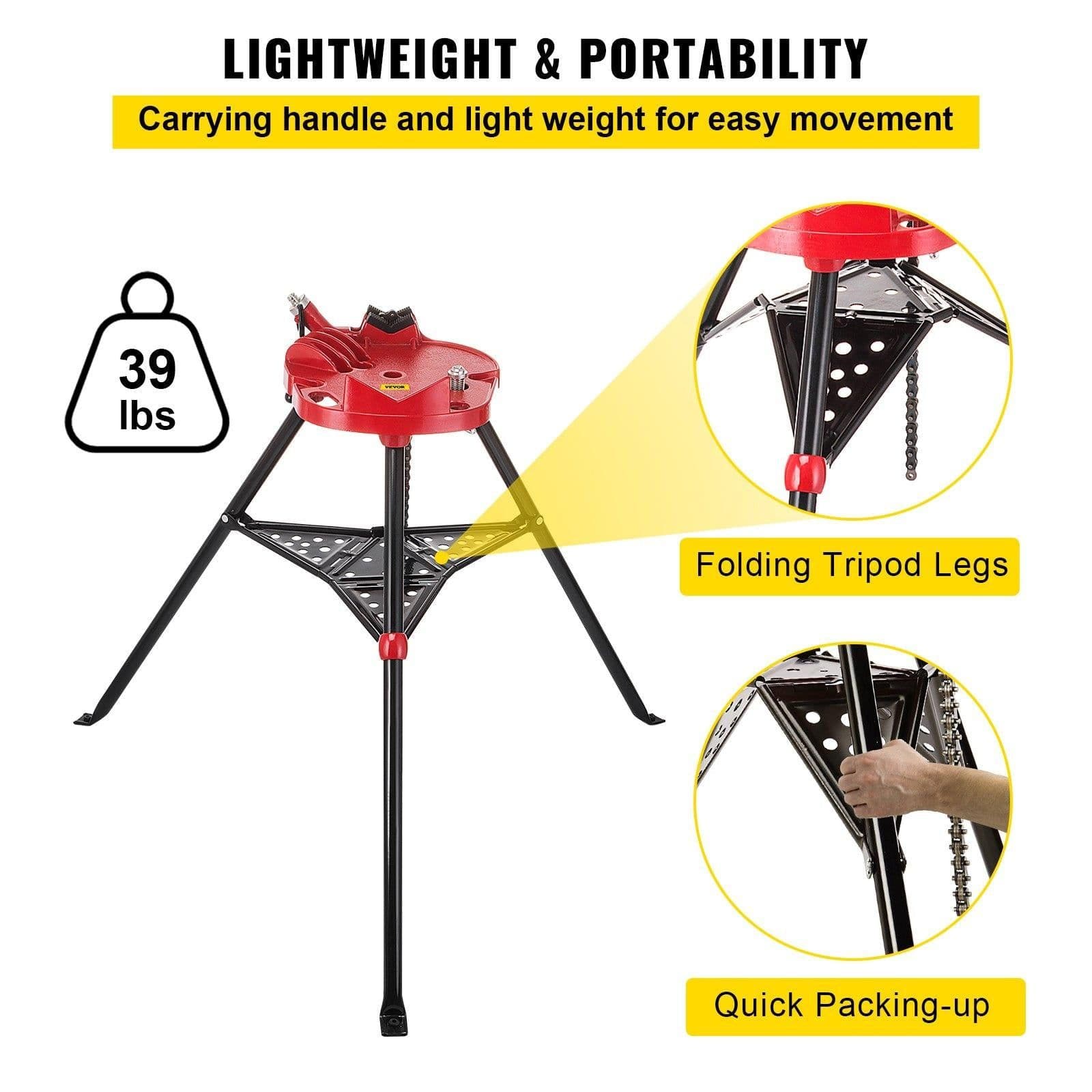 image-VEVOR 460-6 Tripod Pipe Chain Vise 1/8"-6" Capacity,Pipe Stand Portable Foldable Steel Legs,Pipe Jack Stands with Tool Tray, Tripod Stand Chain Vise Ideal for a Variety of Pipe Materials