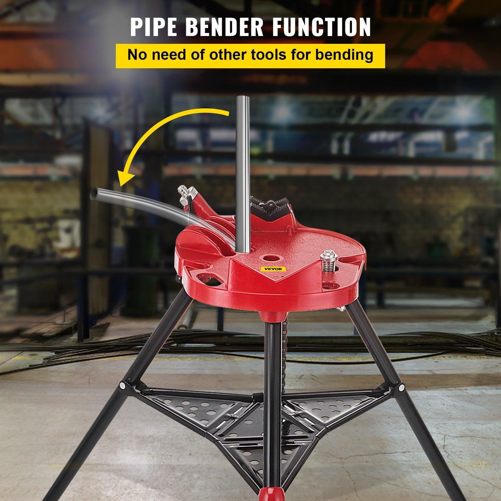 image-VEVOR 460-6 Tripod Pipe Chain Vise 1/8"-6" Capacity,Pipe Stand Portable Foldable Steel Legs,Pipe Jack Stands with Tool Tray, Tripod Stand Chain Vise Ideal for a Variety of Pipe Materials