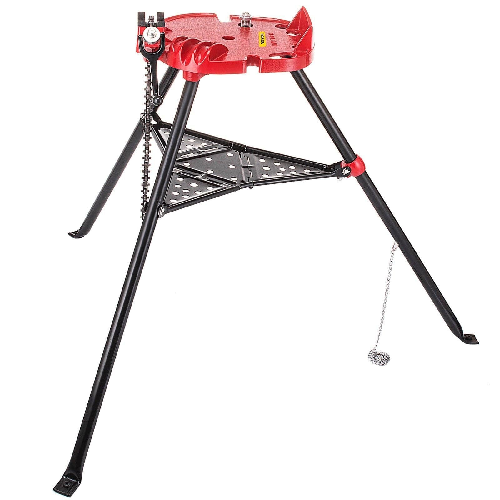 image-VEVOR 460-6 Tripod Pipe Chain Vise 1/8"-6" Capacity,Pipe Stand Portable Foldable Steel Legs,Pipe Jack Stands with Tool Tray, Tripod Stand Chain Vise Ideal for a Variety of Pipe Materials