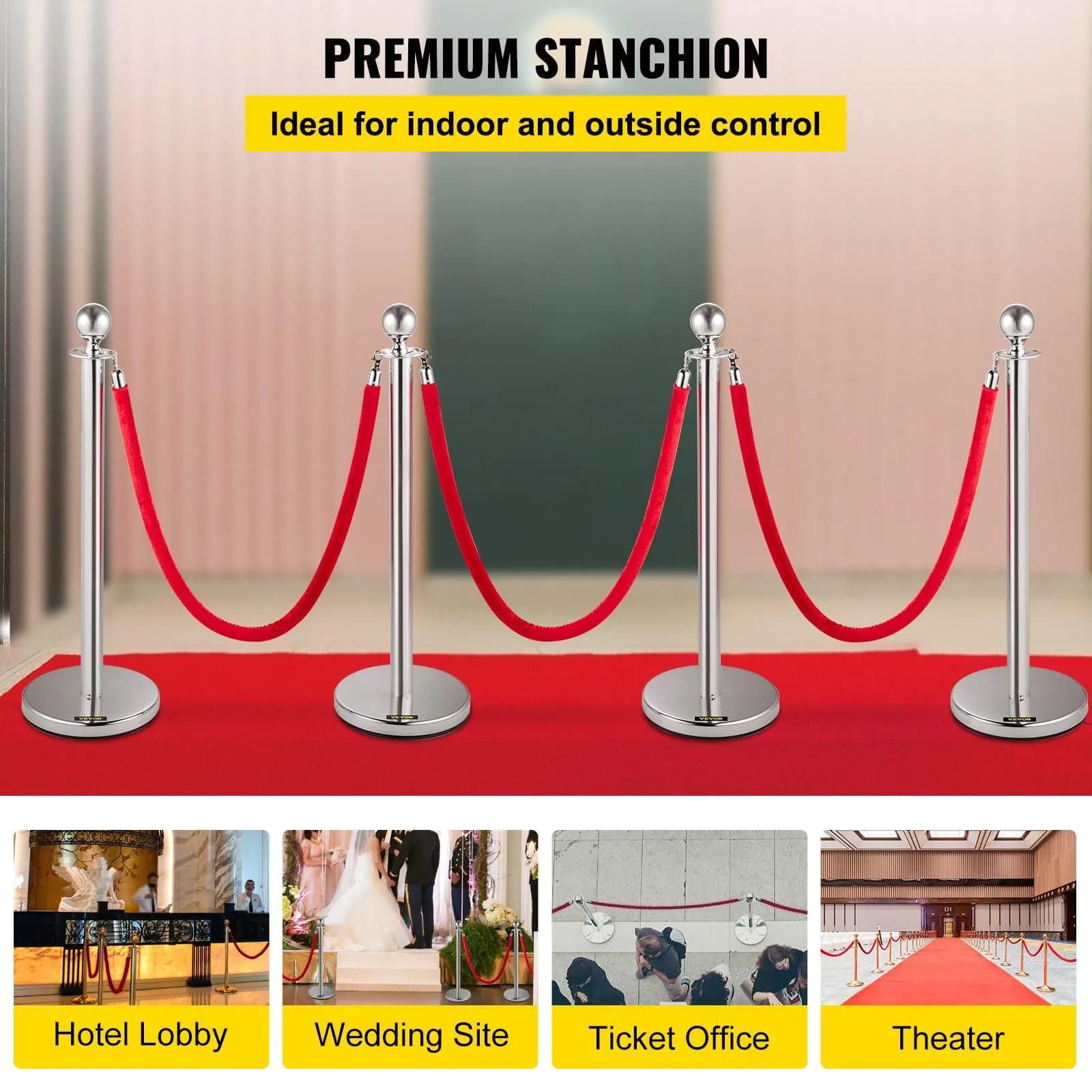 image-VEVOR Crowd Control Stanchion, Set of 4 Pieces Silver Stanchion Set, Stanchion Set with 5 ft/1.5 m Red Velvet Rope, Crowd Control Barrier