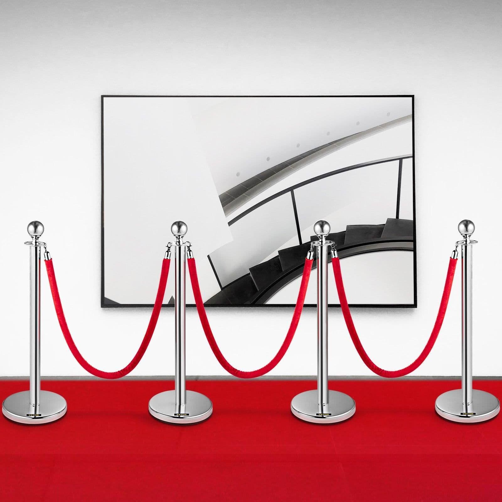 image-VEVOR Crowd Control Stanchion, Set of 4 Pieces Silver Stanchion Set, Stanchion Set with 5 ft/1.5 m Red Velvet Rope, Crowd Control Barrier