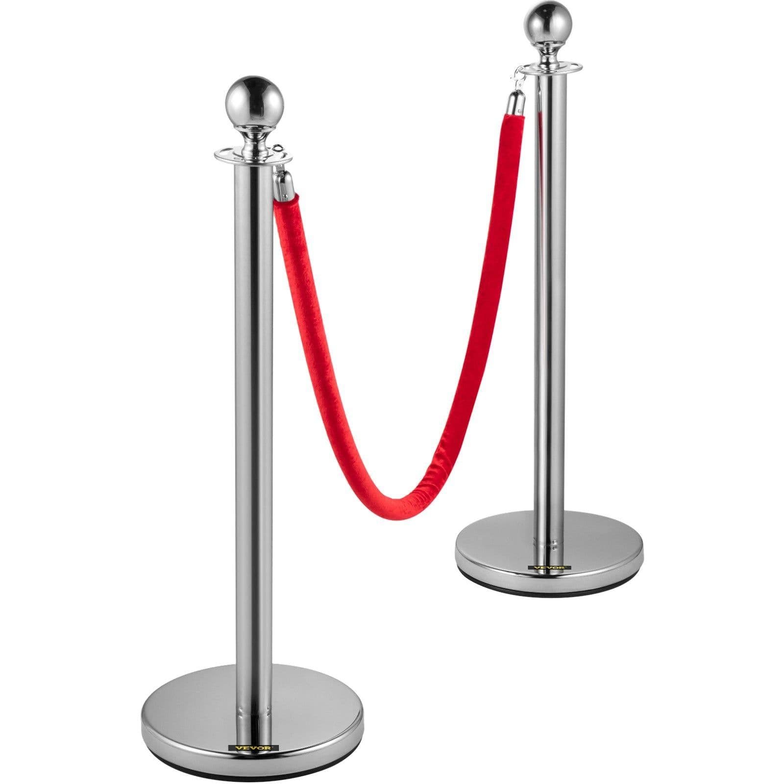 image-VEVOR Crowd Control Stanchion, Set of 4 Pieces Silver Stanchion Set, Stanchion Set with 5 ft/1.5 m Red Velvet Rope, Crowd Control Barrier