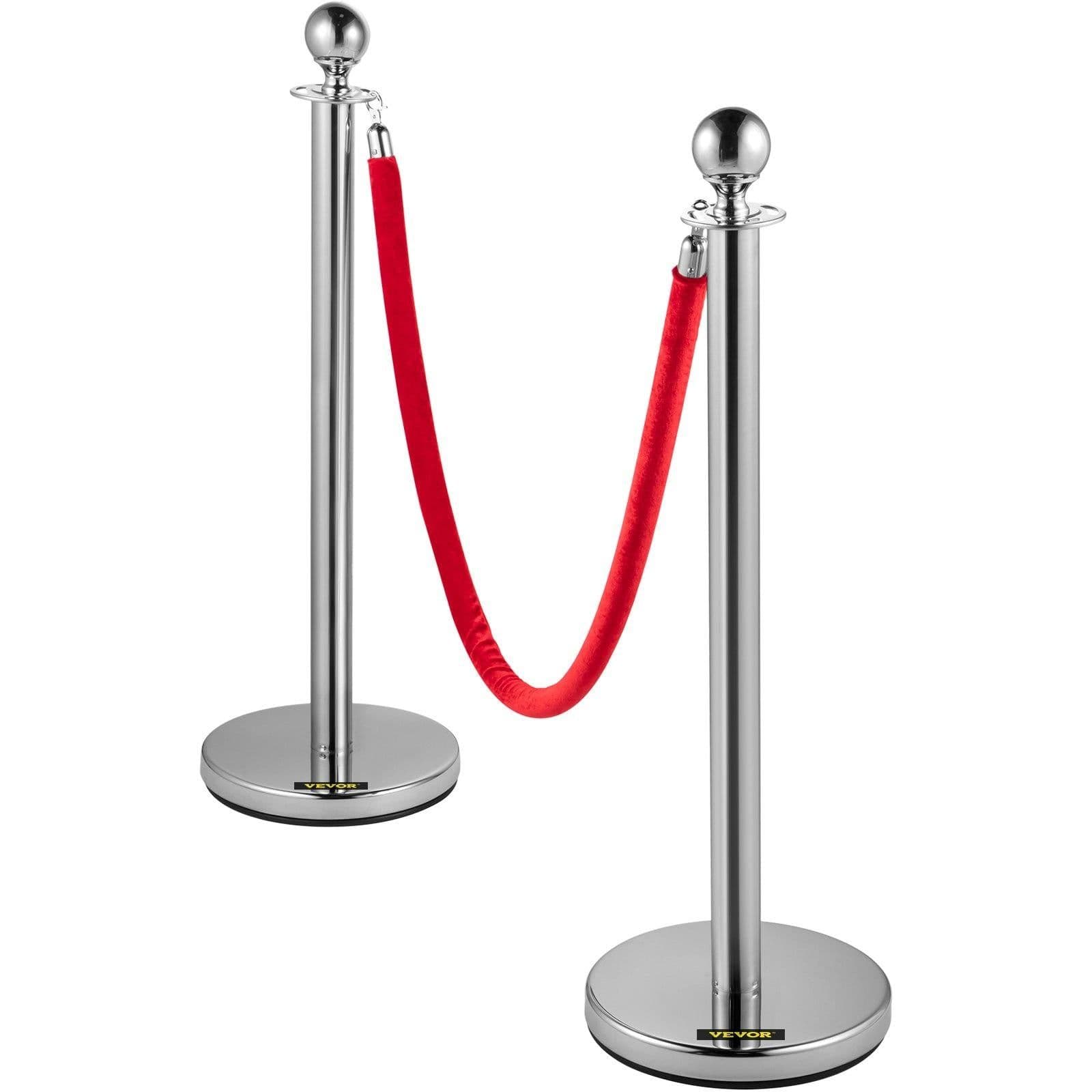 image-VEVOR Crowd Control Stanchion, Set of 4 Pieces Silver Stanchion Set, Stanchion Set with 5 ft/1.5 m Red Velvet Rope, Crowd Control Barrier
