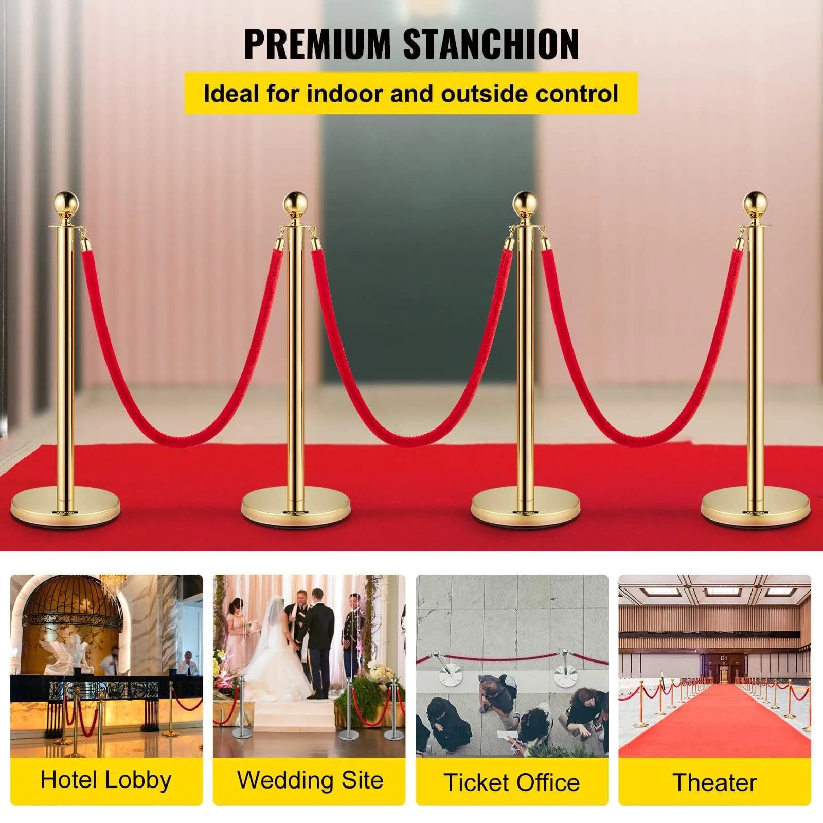 image-VEVOR 4PCS Gold Stanchion Posts Queue, 38 Inch Red Velvet Rope, Crowd Control Barriers Queue Line Rope, Barriers for Party Supplies