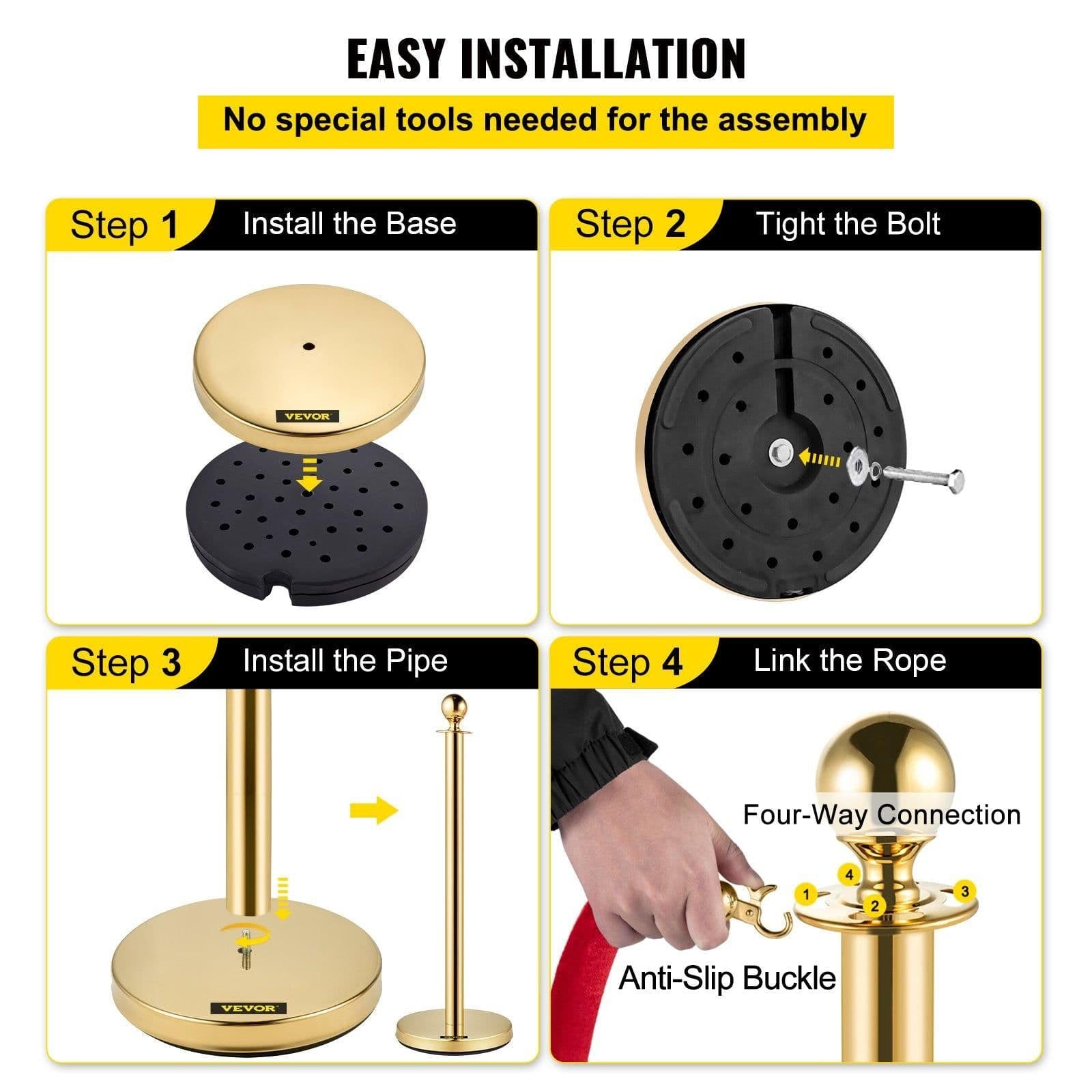 image-VEVOR 4PCS Gold Stanchion Posts Queue, 38 Inch Red Velvet Rope, Crowd Control Barriers Queue Line Rope, Barriers for Party Supplies