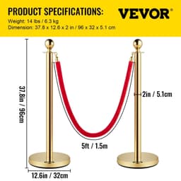 image-VEVOR 4PCS Gold Stanchion Posts Queue, 38 Inch Red Velvet Rope, Crowd Control Barriers Queue Line Rope, Barriers for Party Supplies