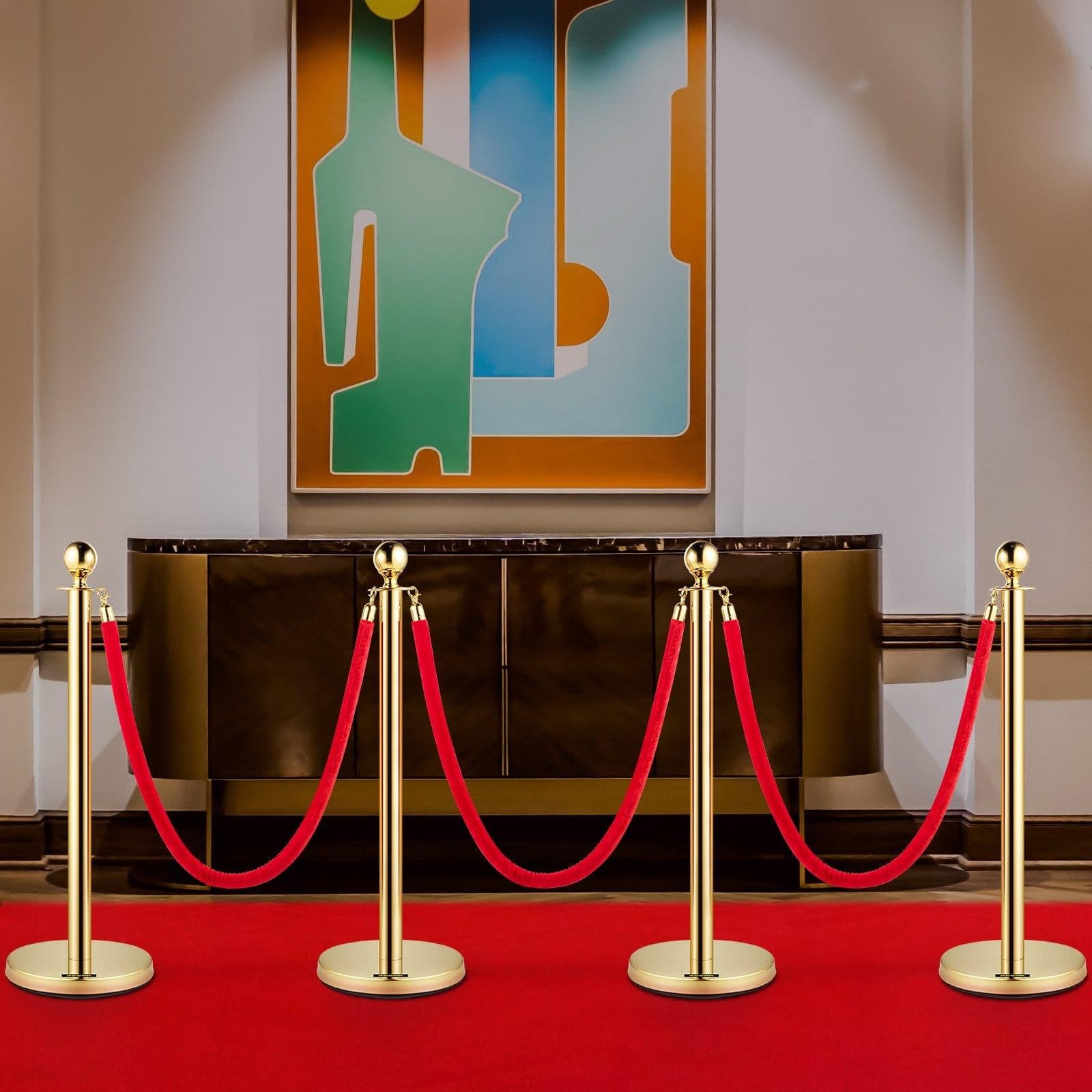 image-VEVOR 4PCS Gold Stanchion Posts Queue, 38 Inch Red Velvet Rope, Crowd Control Barriers Queue Line Rope, Barriers for Party Supplies