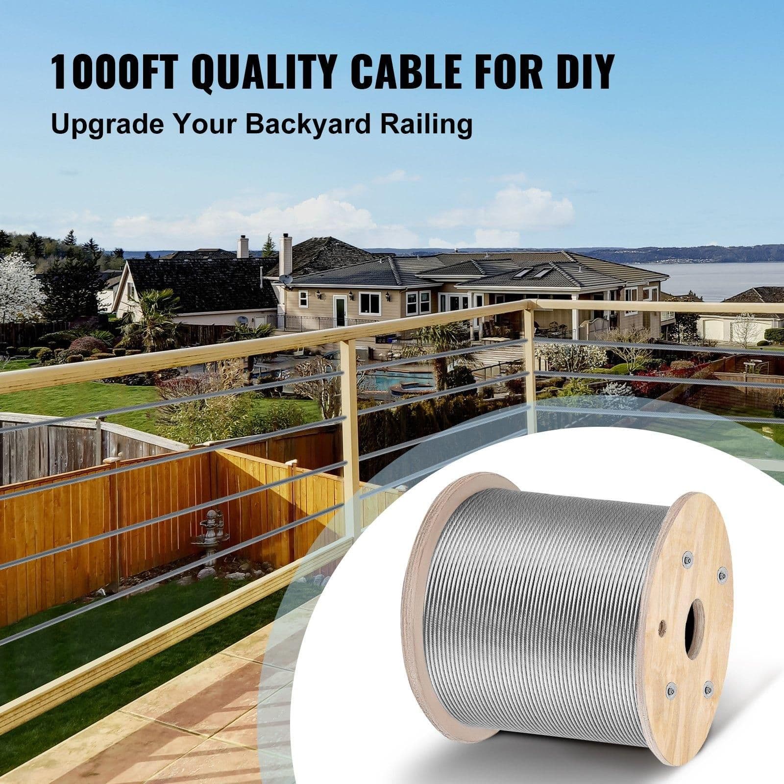 image-VEVOR Stainless Steel Cable 3/16"x 1000ft, T316 Marine Grade Deck Cable Railing, 1x19 Strands Construction Braided Aircraft Cable for Deck Rail String Lights Hanging Porch Fence DIY Baluster