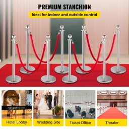 image-VEVOR Crowd Control Stanchion, Set of 8 Pieces Silver Stanchion Set, Stanchion Set with 5 ft/1.5 m Red Velvet Rope, Crowd Control Barrier with Sturdy Concrete and Metal Base