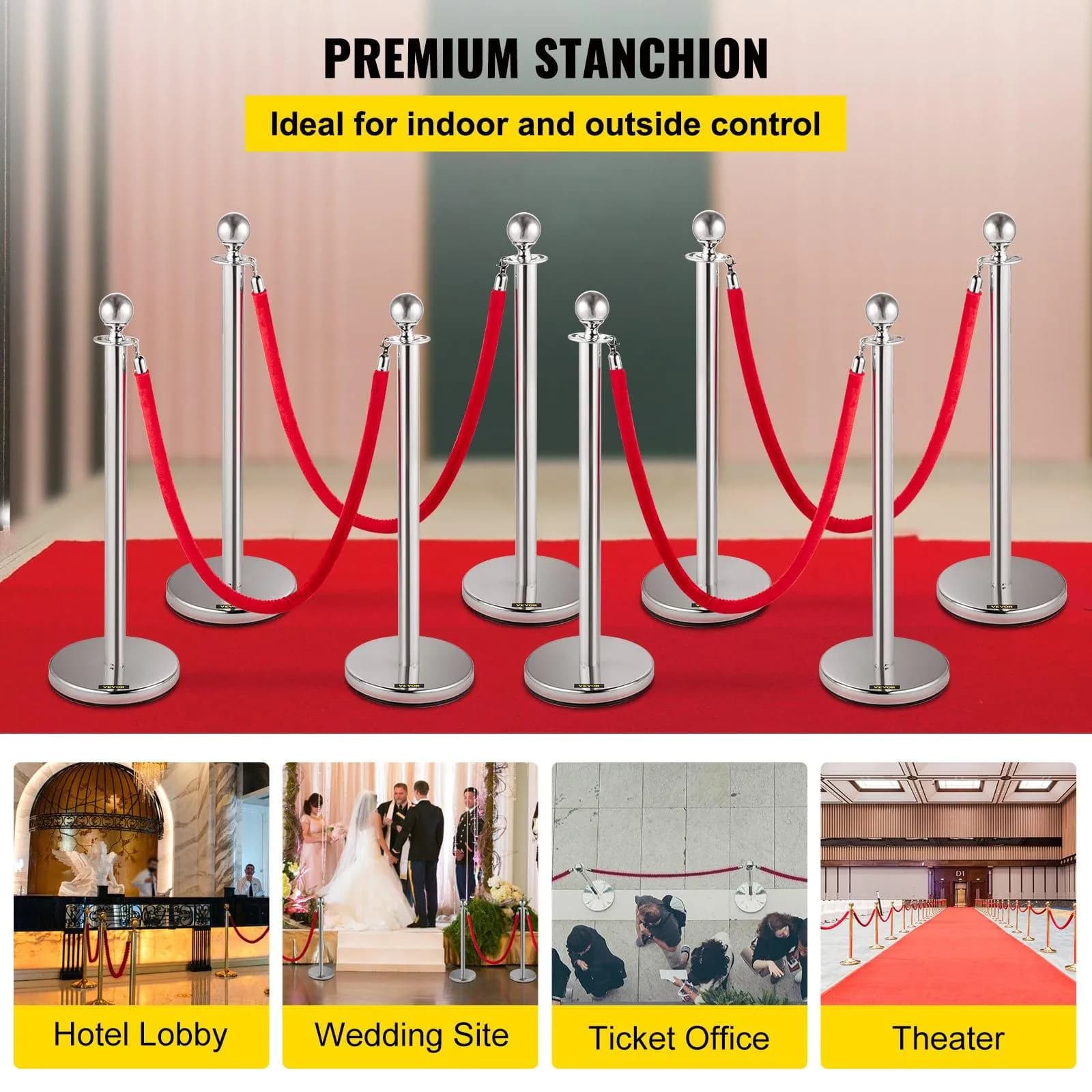 image-VEVOR Crowd Control Stanchion, Set of 8 Pieces Silver Stanchion Set, Stanchion Set with 5 ft/1.5 m Red Velvet Rope, Crowd Control Barrier with Sturdy Concrete and Metal Base